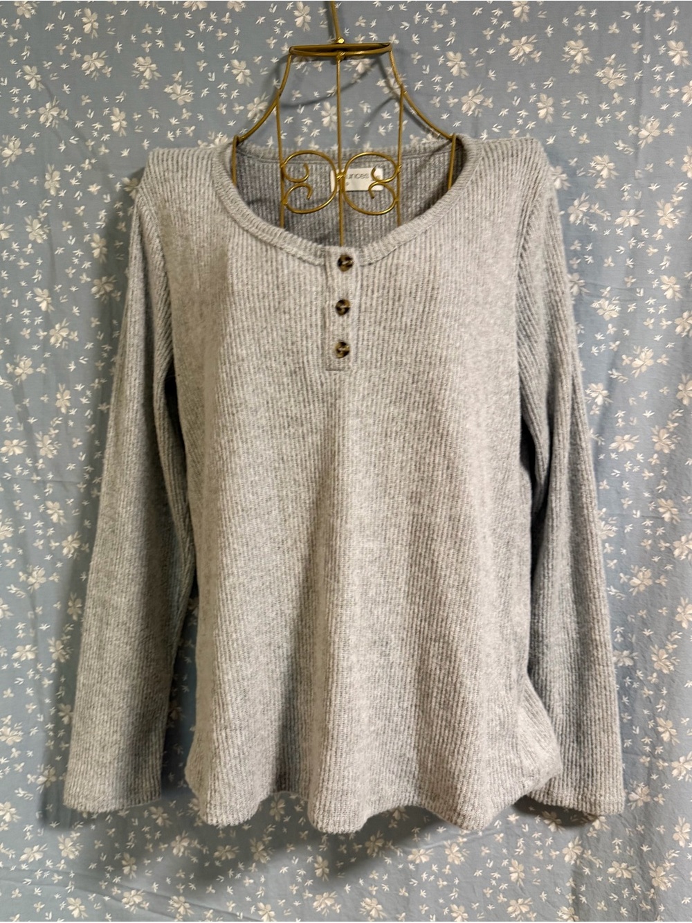 Cozy Light Gray Ribbed Henley Sleep Top